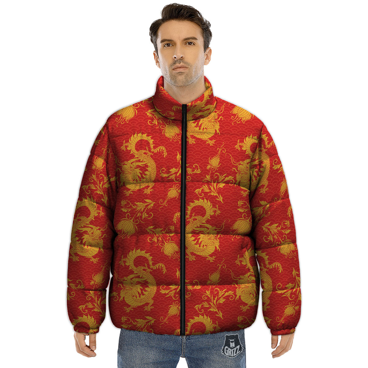 Lotus Red Dragon Print Pattern Puffer Jacket-grizzshop