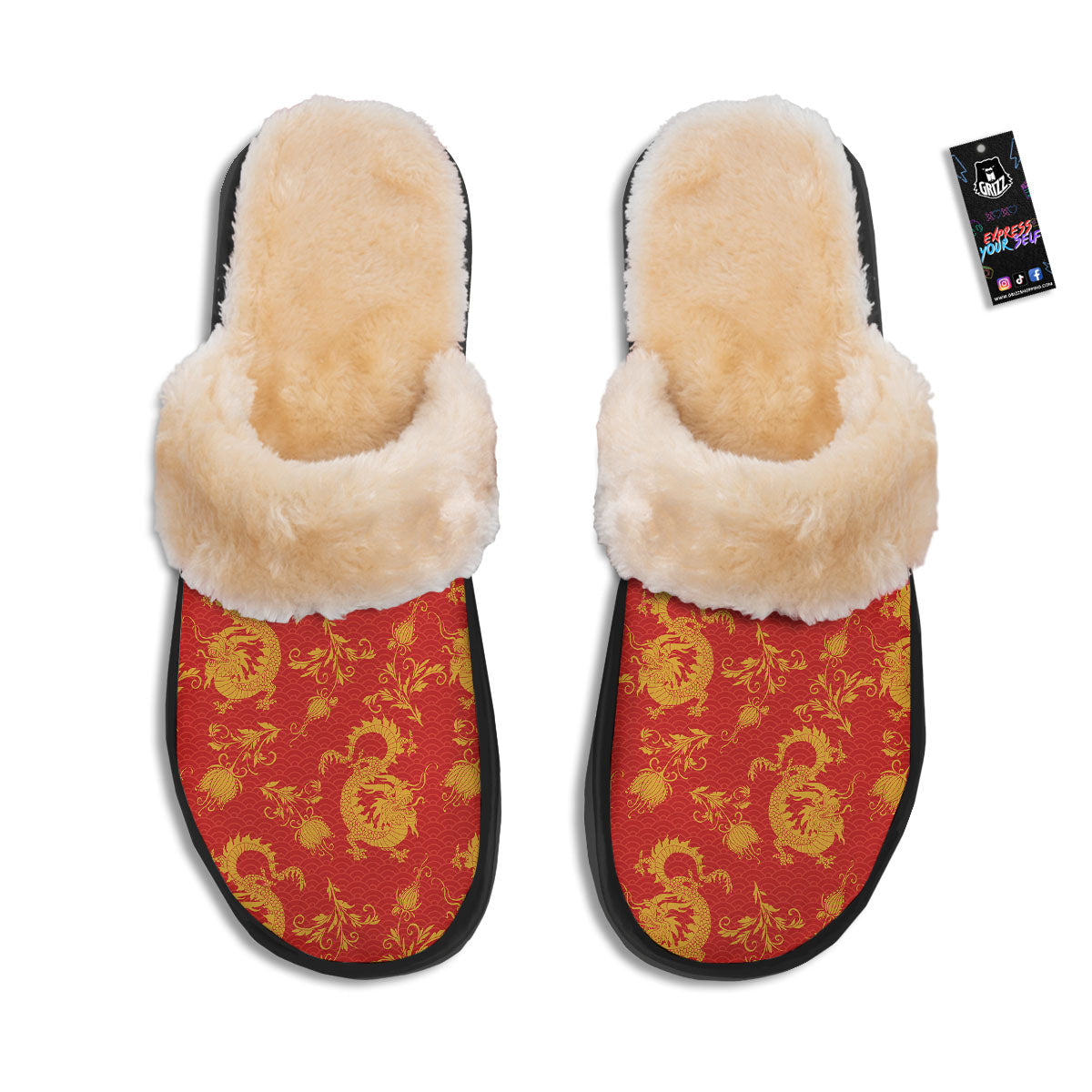 Lotus Red Dragon Print Pattern Slippers-grizzshop