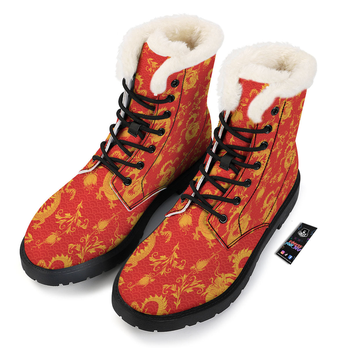 Lotus Red Dragon Print Pattern Winter Boots-grizzshop