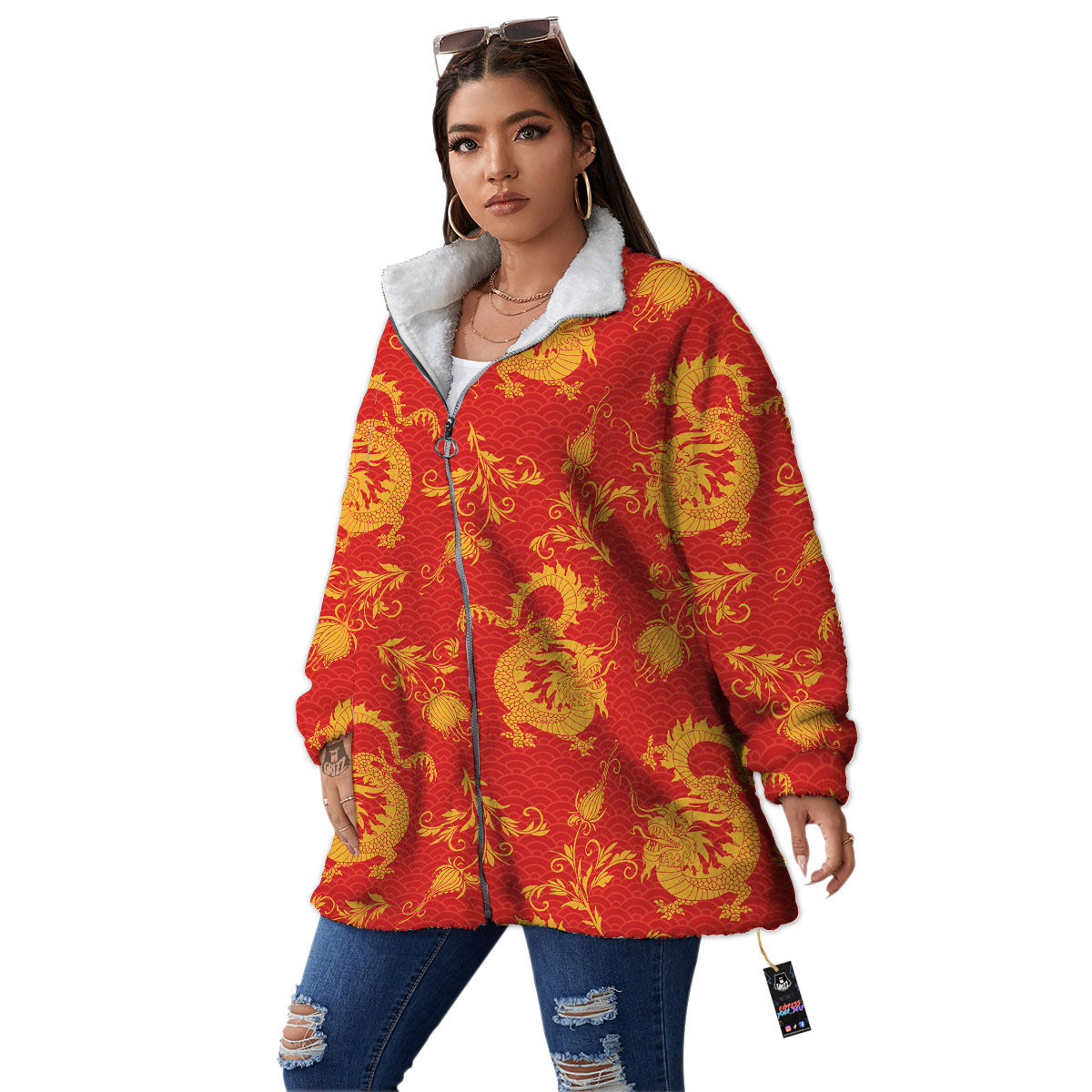 Lotus Red Dragon Print Pattern Women's Sherpa Jacket-grizzshop