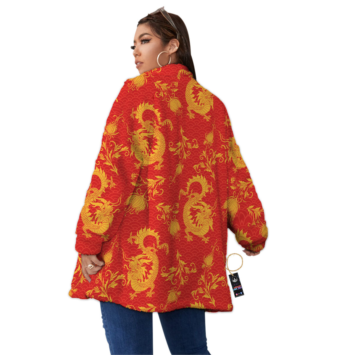 Lotus Red Dragon Print Pattern Women's Sherpa Jacket-grizzshop