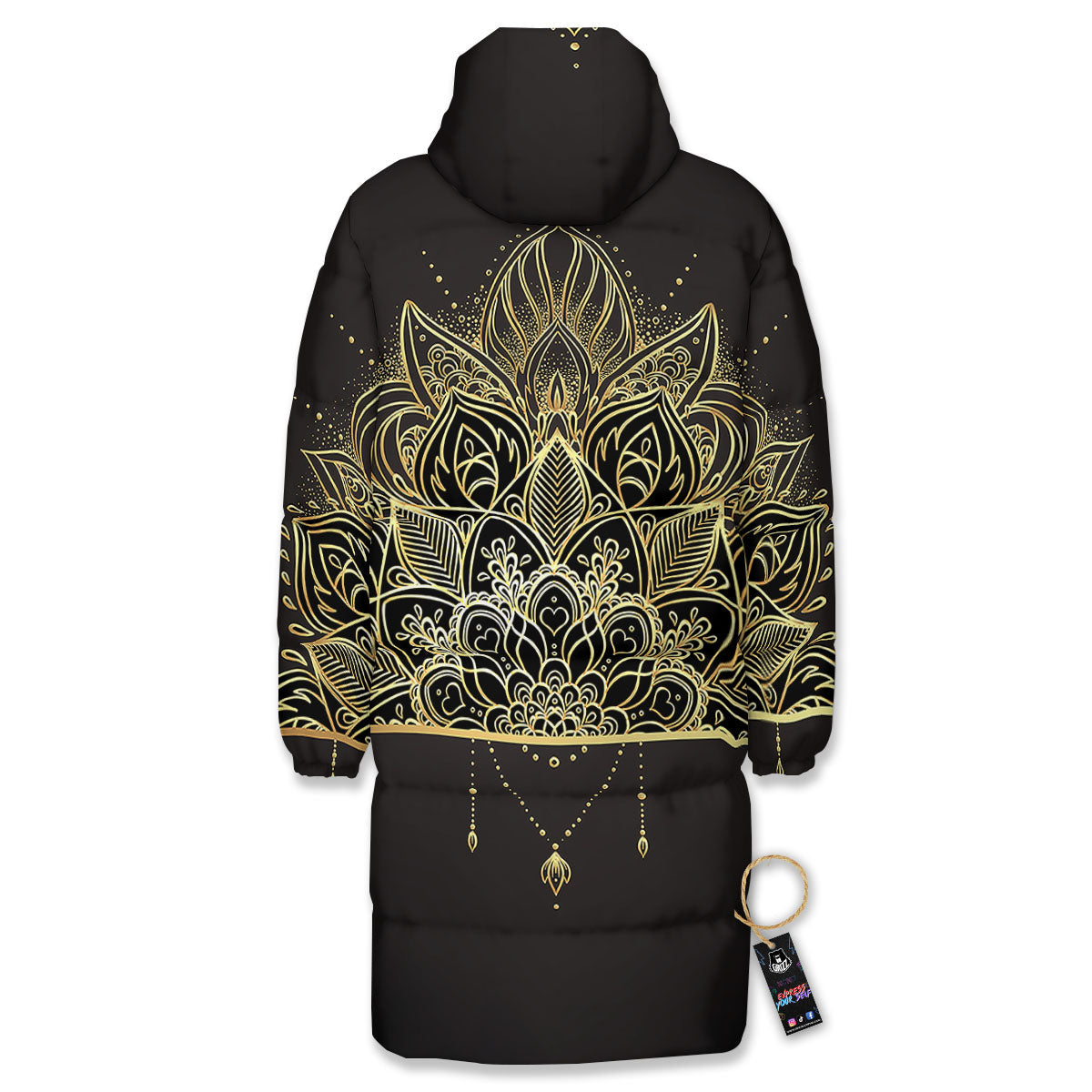 Lotus Spiritual Golden Print Long Down Jacket-grizzshop