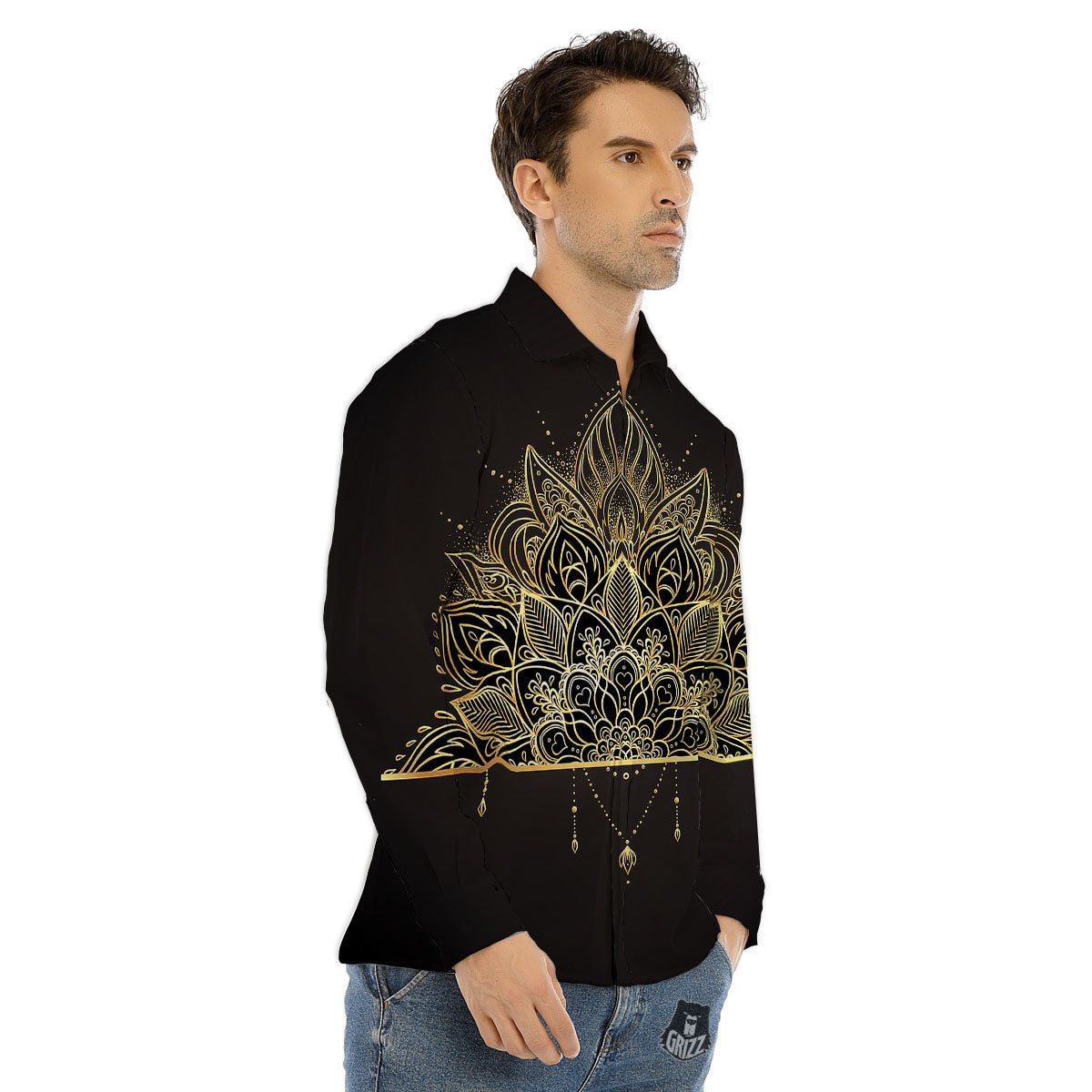 Lotus Spiritual Golden Print Men's Dress Shirts-grizzshop