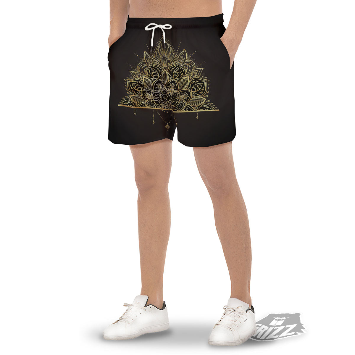 Lotus Spiritual Golden Print Men's Gym Shorts-grizzshop