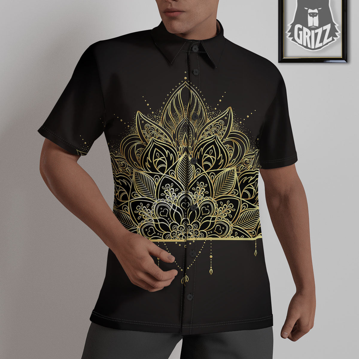 Lotus Spiritual Golden Print Untucked Shirts-grizzshop