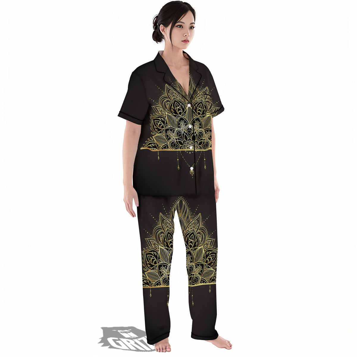 Lotus Spiritual Golden Print Women's Pajamas Set-grizzshop