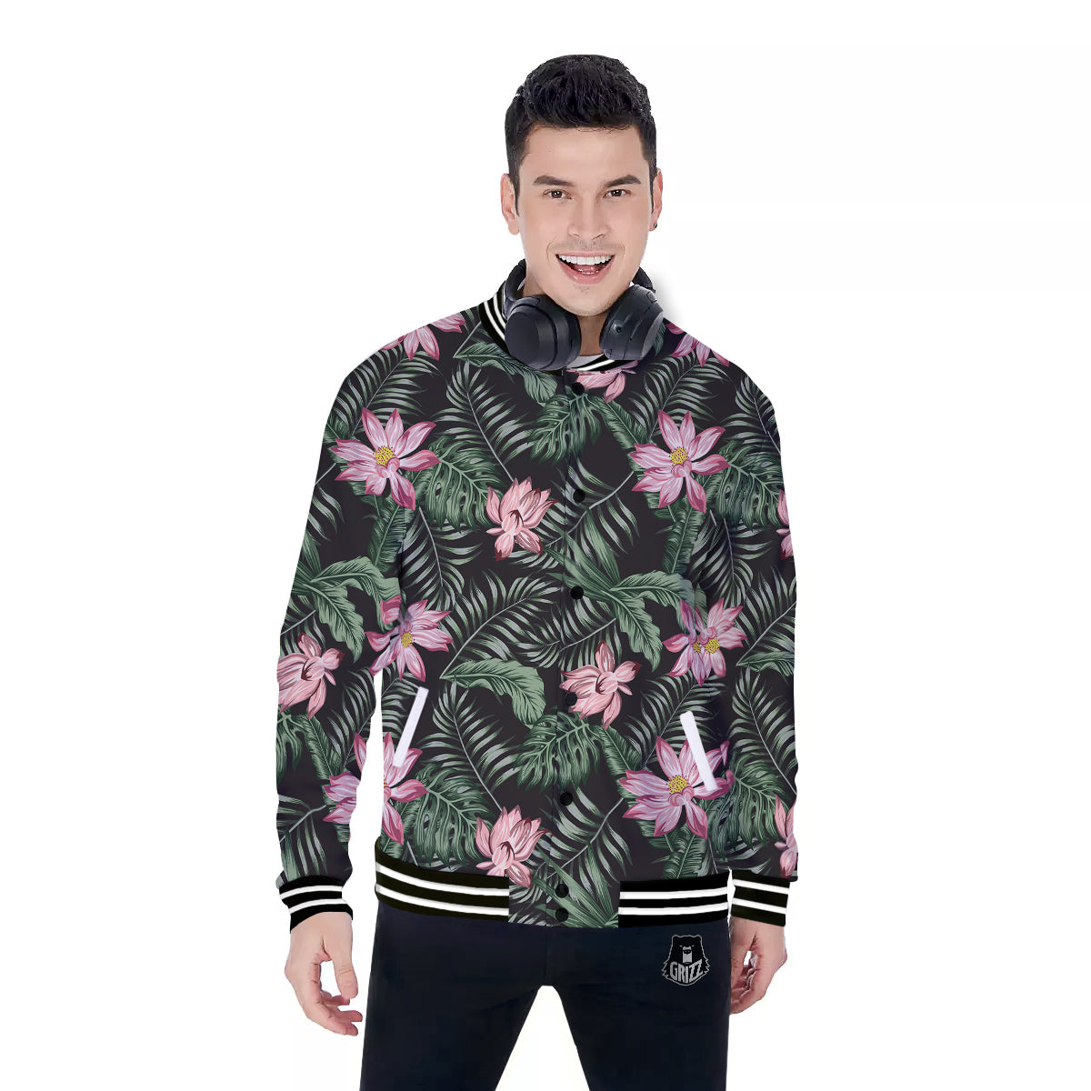 Lotus Tropical Print Pattern Baseball Jacket-grizzshop