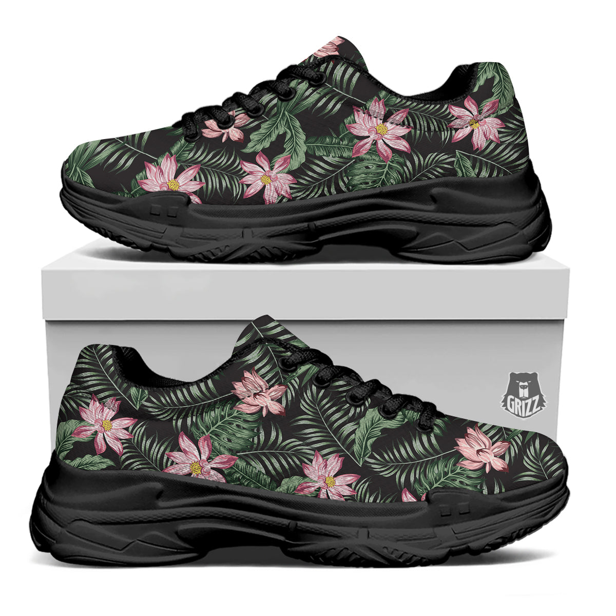 Lotus Tropical Print Pattern Black Chunky Shoes-grizzshop