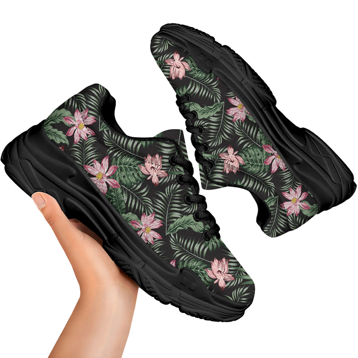 Lotus Tropical Print Pattern Black Chunky Shoes-grizzshop