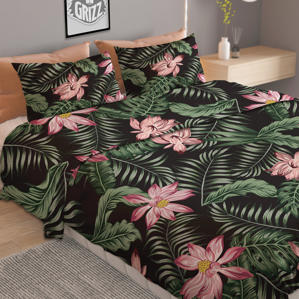 Lotus Tropical Print Pattern Duvet Cover Bedding Set