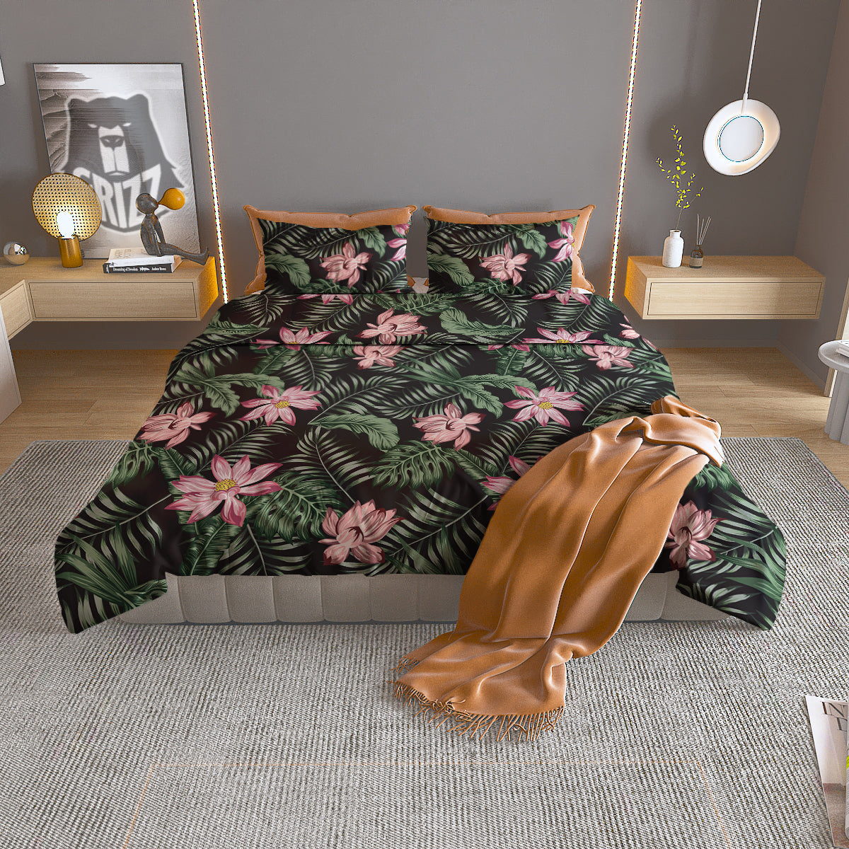 Lotus Tropical Print Pattern Duvet Cover Bedding Set