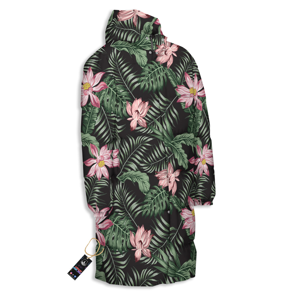 Lotus Tropical Print Pattern Long Down Jacket-grizzshop