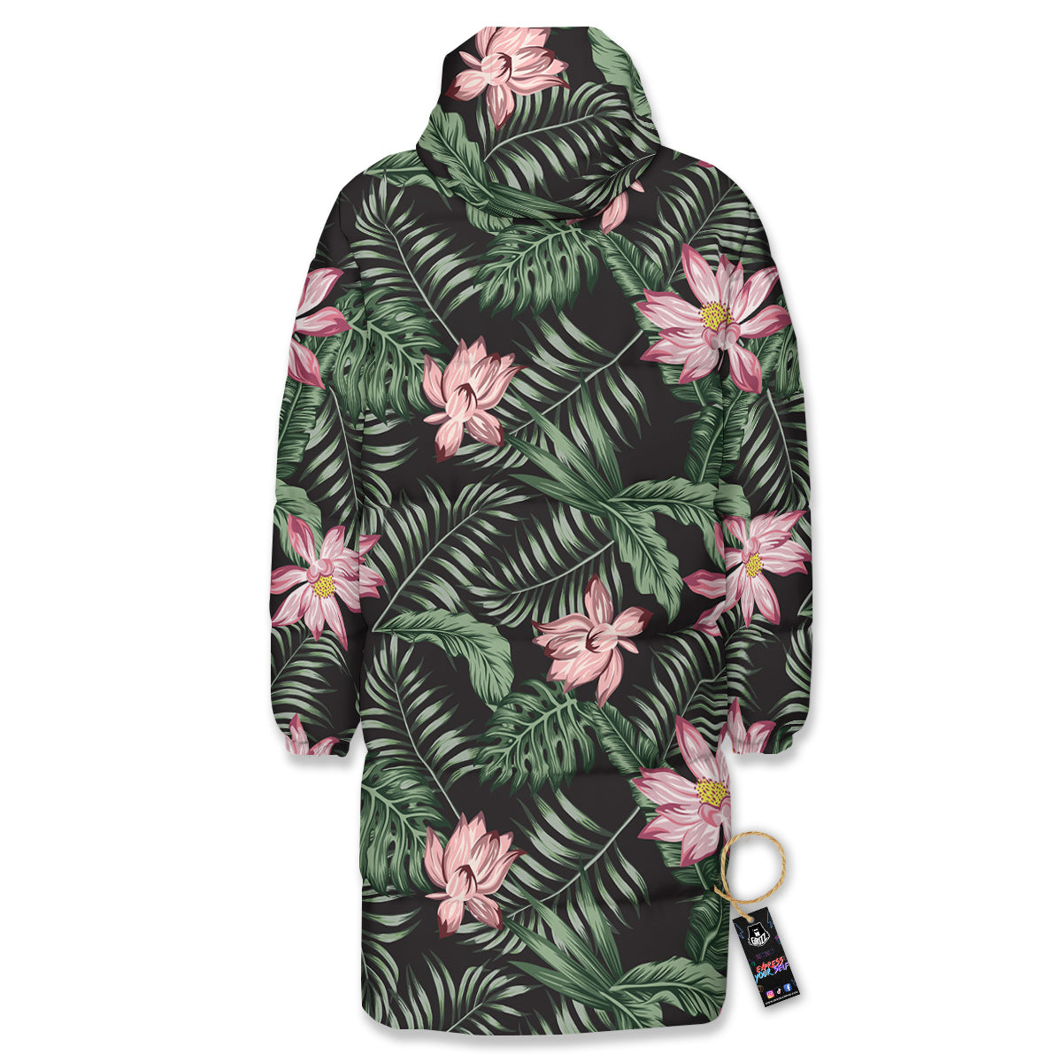 Lotus Tropical Print Pattern Long Down Jacket-grizzshop