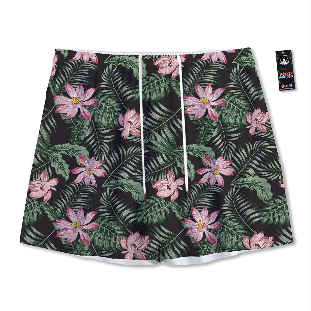 Lotus Tropical Print Pattern Mesh Shorts-grizzshop