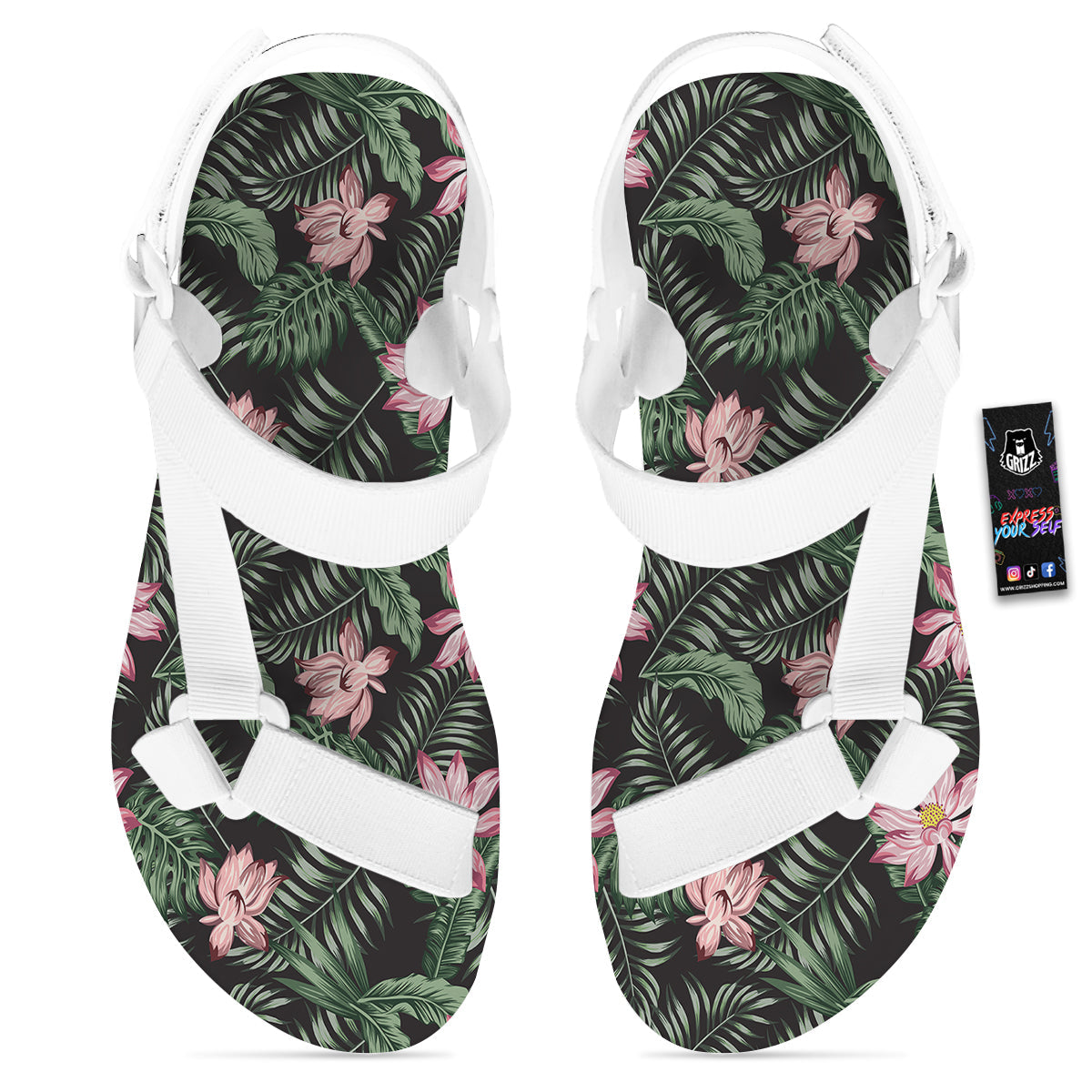 Lotus Tropical Print Pattern White Open Toe Sandals-grizzshop