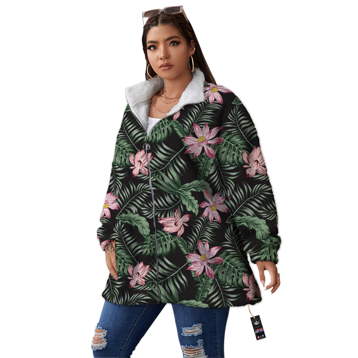 Lotus Tropical Print Pattern Women's Sherpa Jacket-grizzshop