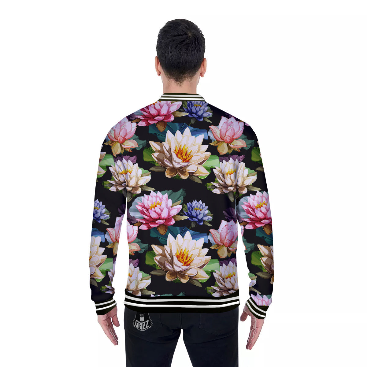 Lotus Vintage Print Pattern Baseball Jacket-grizzshop