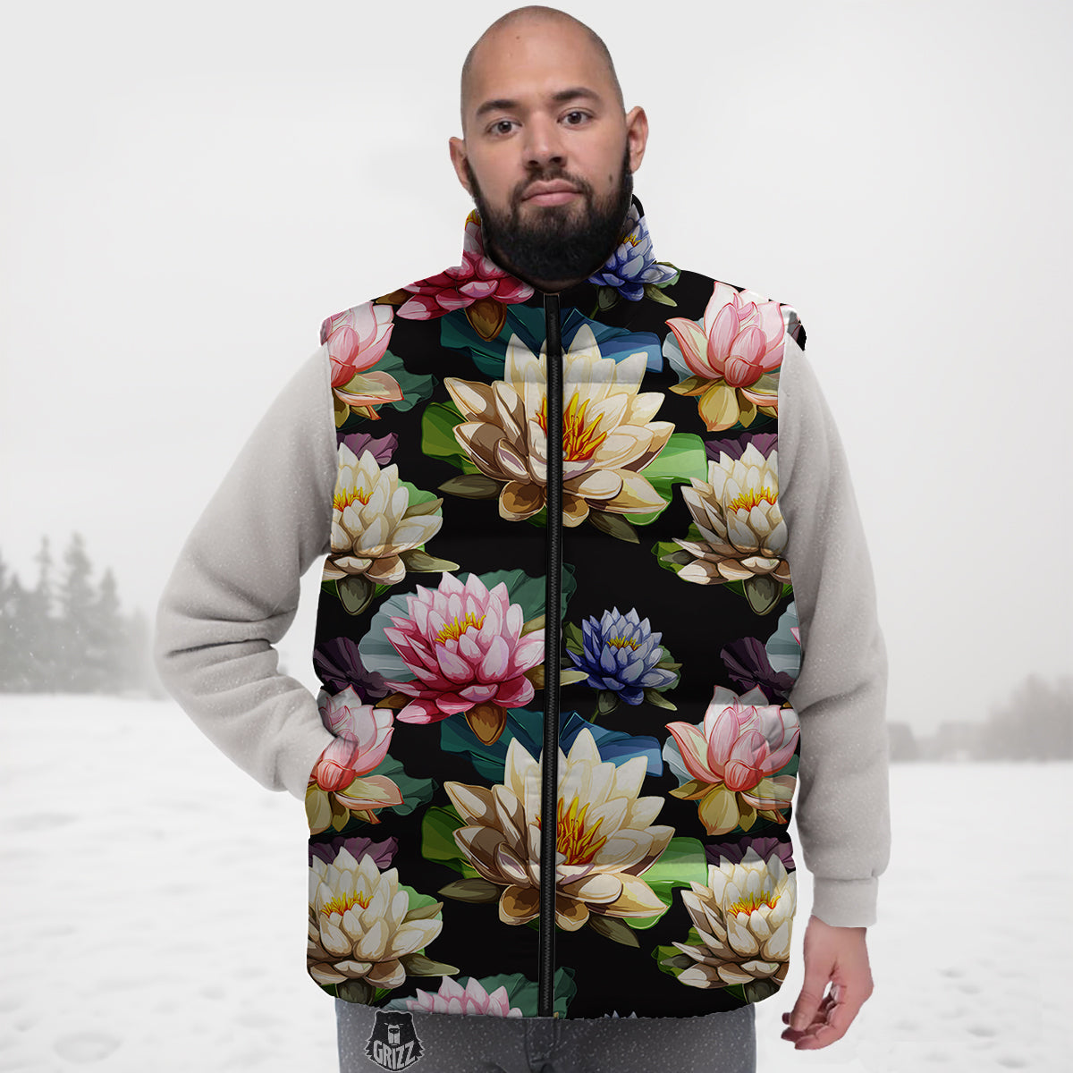 Lotus Vintage Print Pattern Down Vest-grizzshop