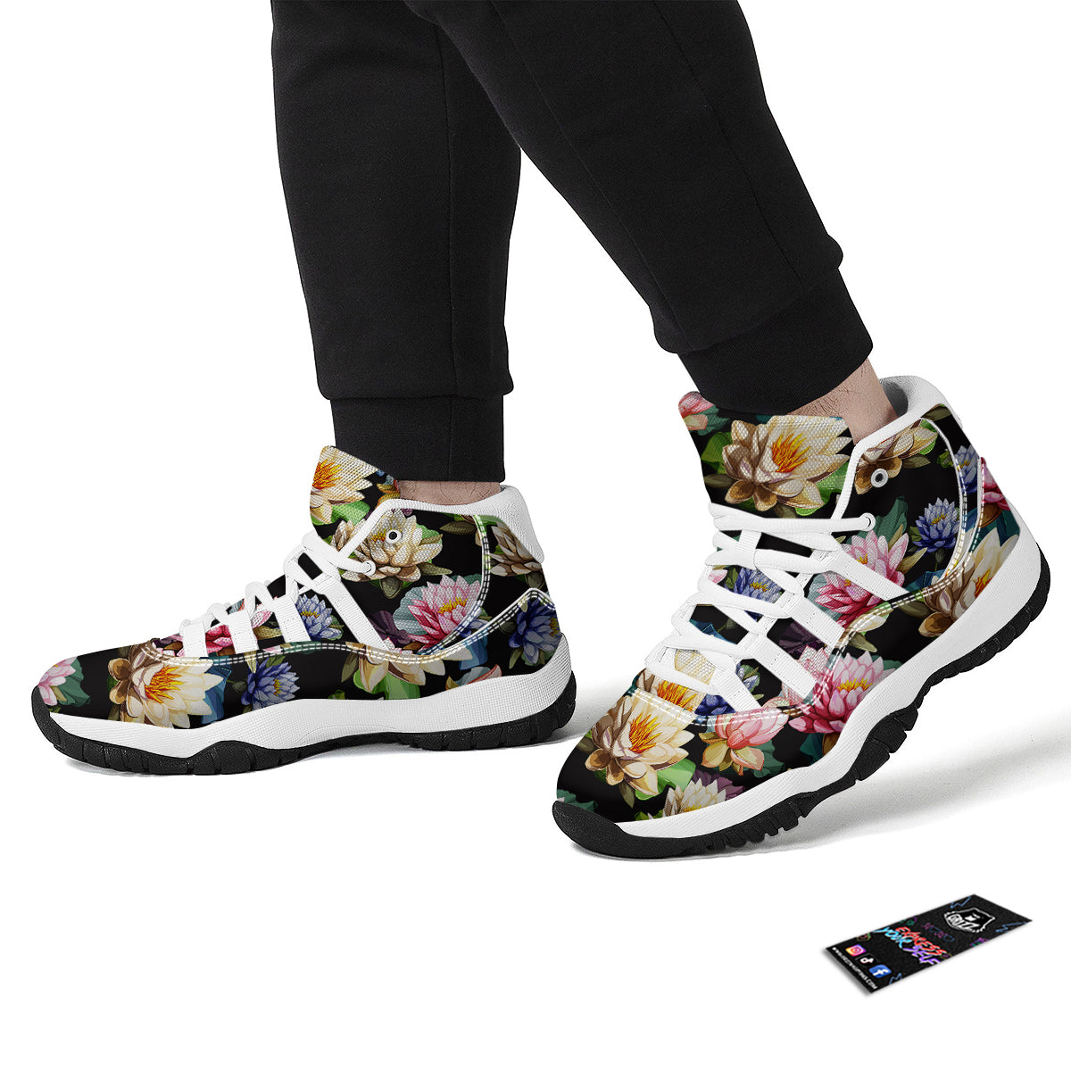 Lotus Vintage Print Pattern White Bball Shoes-grizzshop