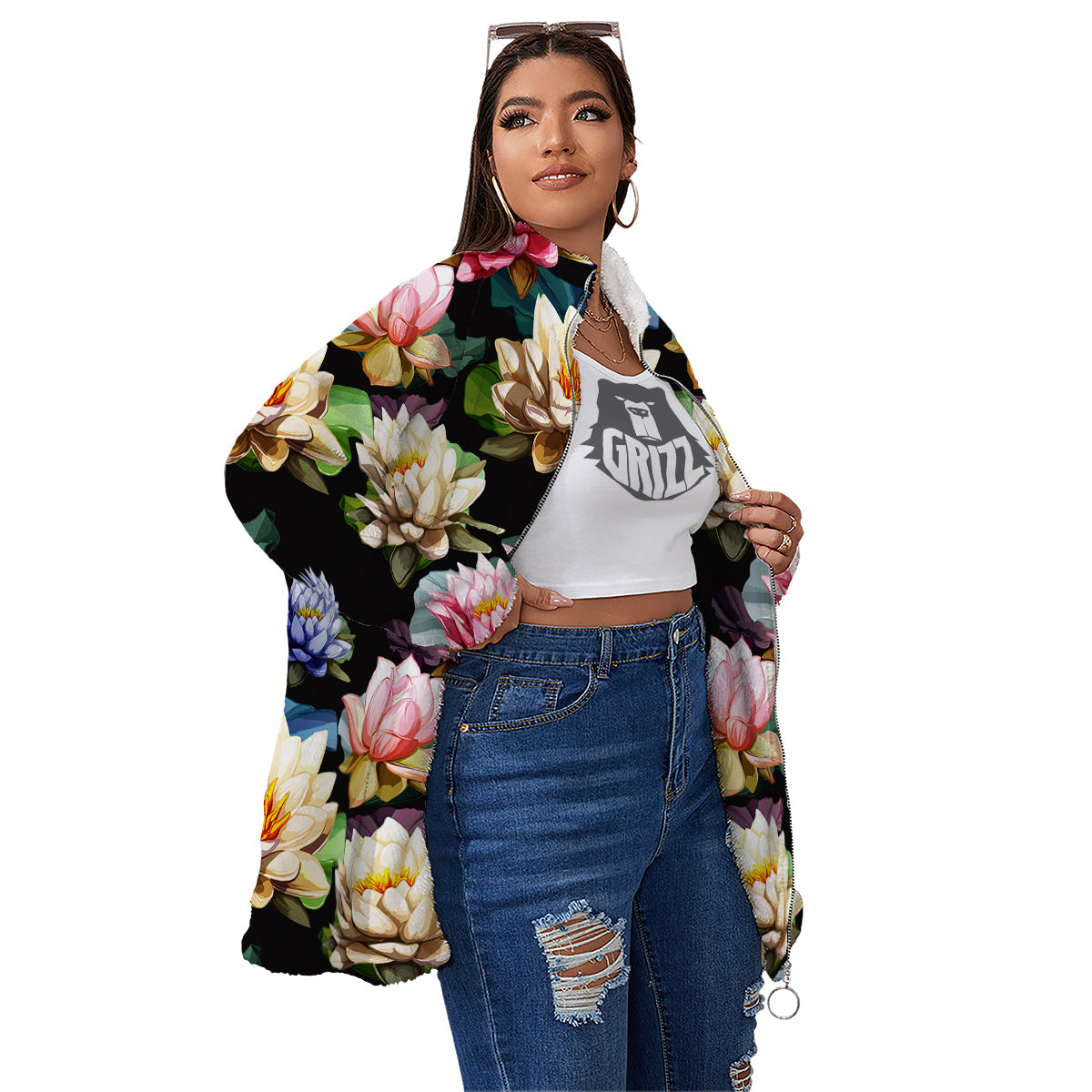 Lotus Vintage Print Pattern Women's Sherpa Jacket-grizzshop