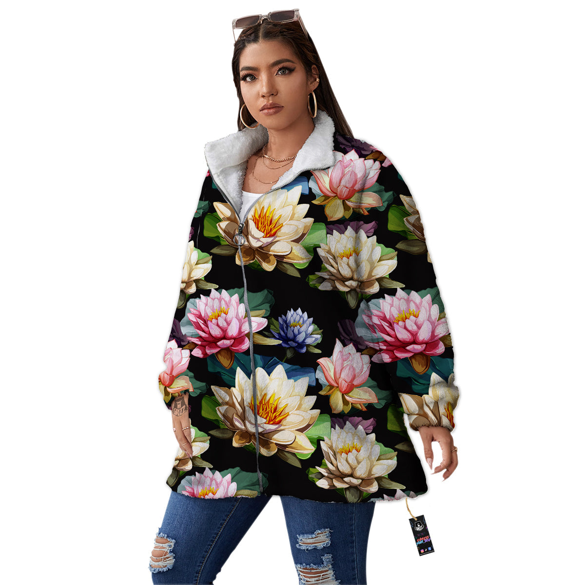 Lotus Vintage Print Pattern Women's Sherpa Jacket-grizzshop