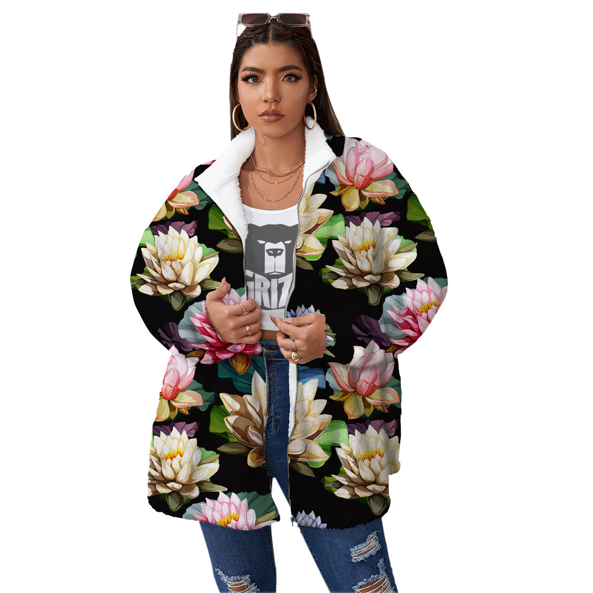 Lotus Vintage Print Pattern Women's Sherpa Jacket-grizzshop