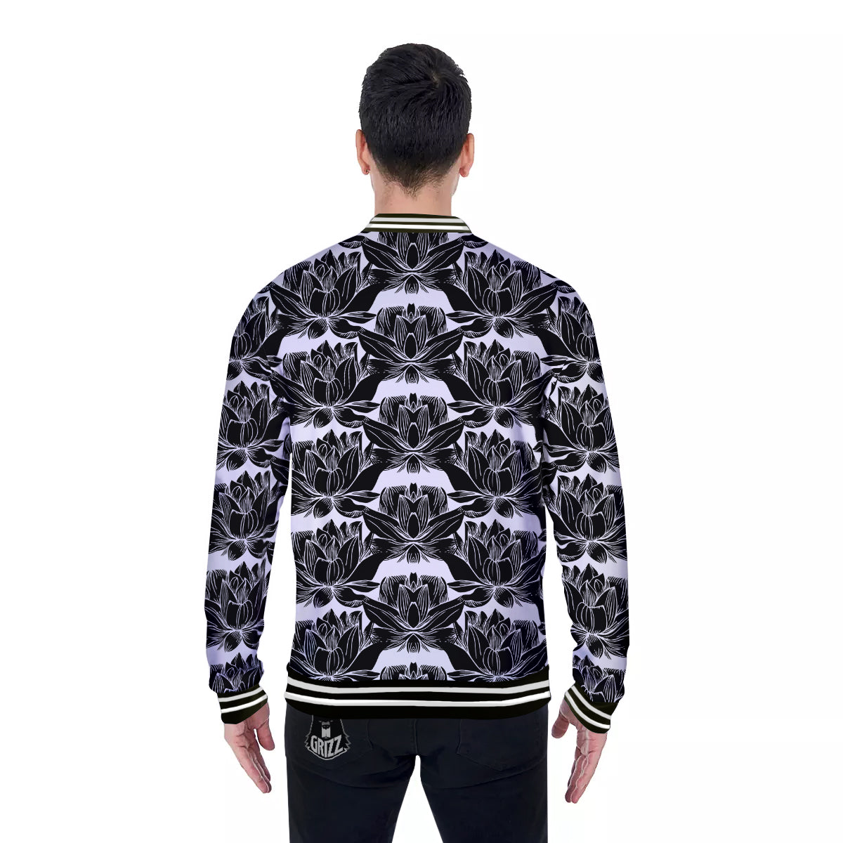 Lotus White And Black Print Pattern Baseball Jacket-grizzshop