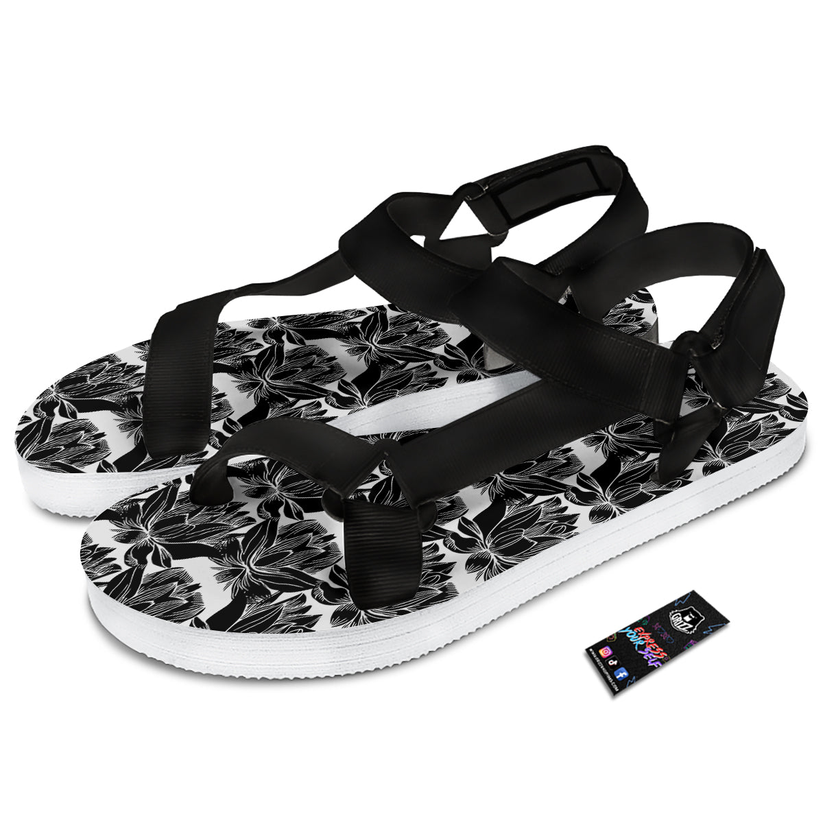 Lotus White And Black Print Pattern Black Open Toe Sandals-grizzshop