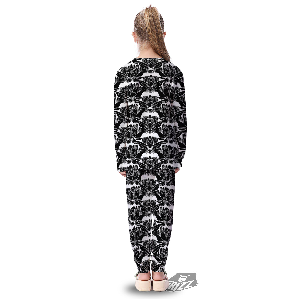 Lotus White And Black Print Pattern Kid's Pajamas-grizzshop