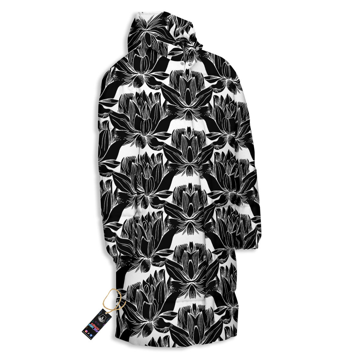 Lotus White And Black Print Pattern Long Down Jacket-grizzshop