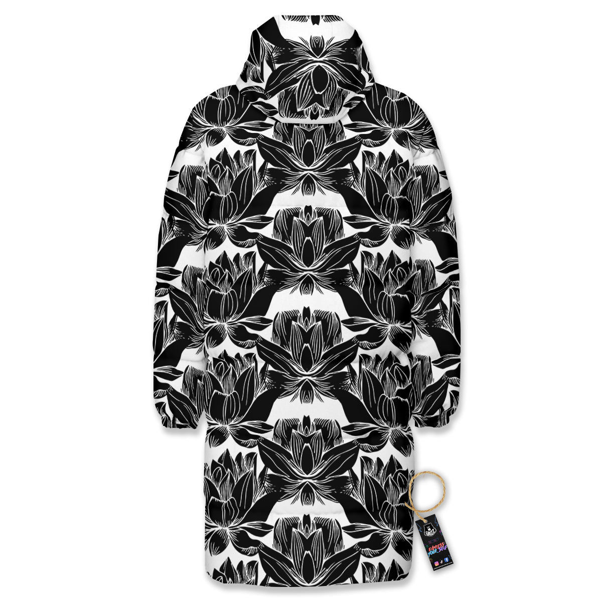 Lotus White And Black Print Pattern Long Down Jacket-grizzshop