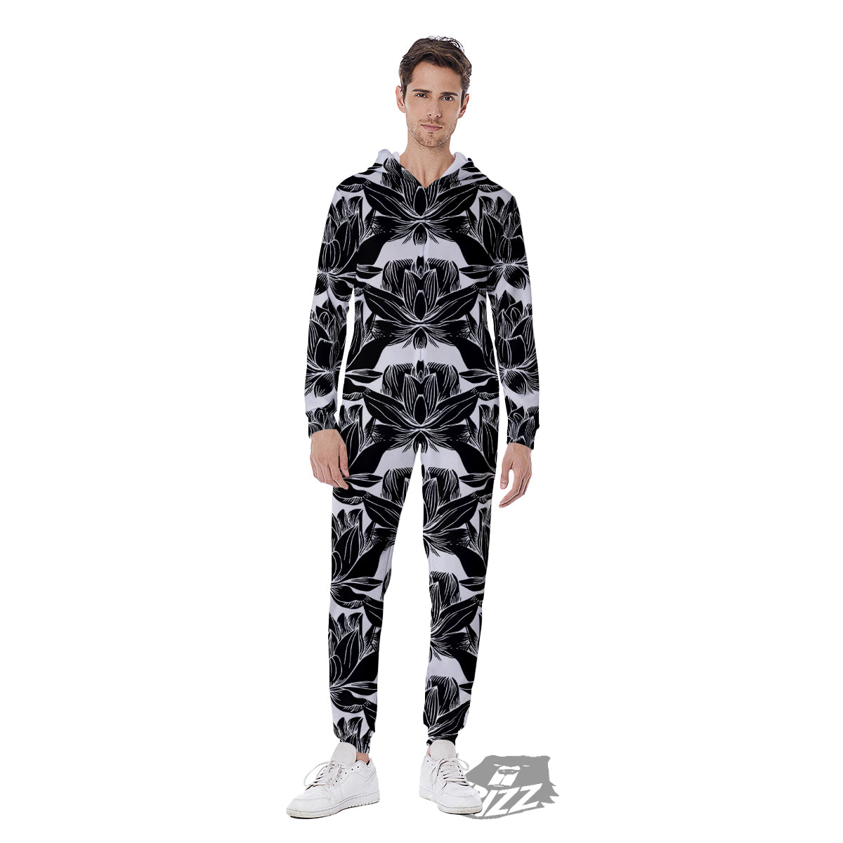 Lotus White And Black Print Pattern Men's Jumpsuit-grizzshop