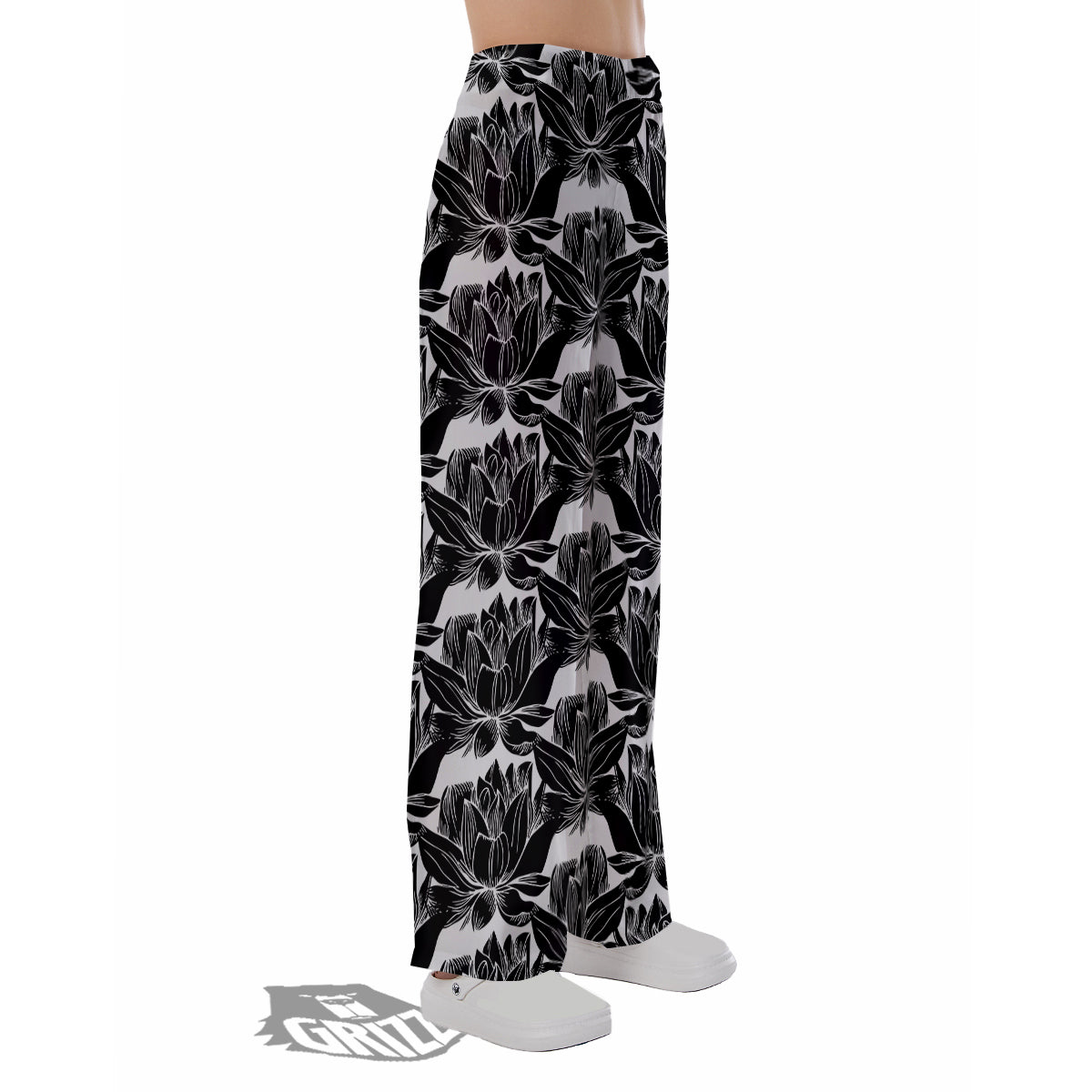 Lotus White And Black Print Pattern Pajama Pants-grizzshop