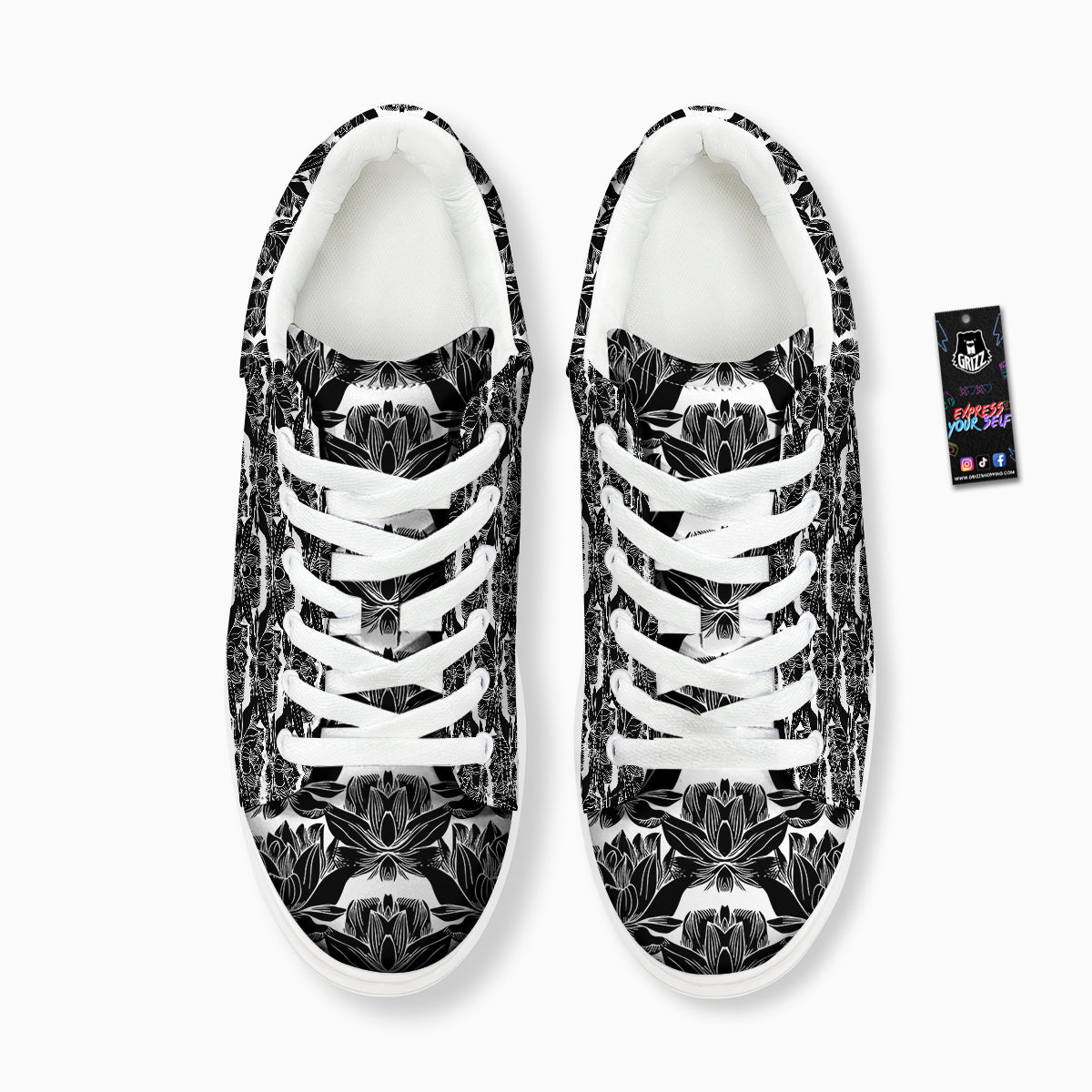 Lotus White And Black Print Pattern Platform Shoes-grizzshop