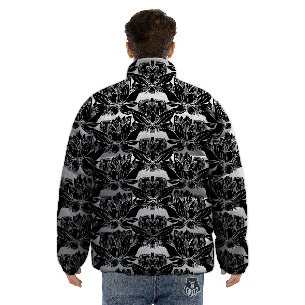 Lotus White And Black Print Pattern Puffer Jacket-grizzshop