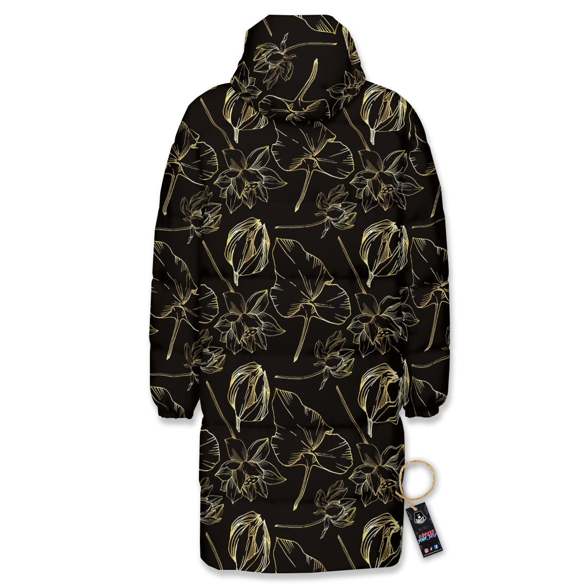 Lotus Flower Gold And Black Print Long Down Jacket