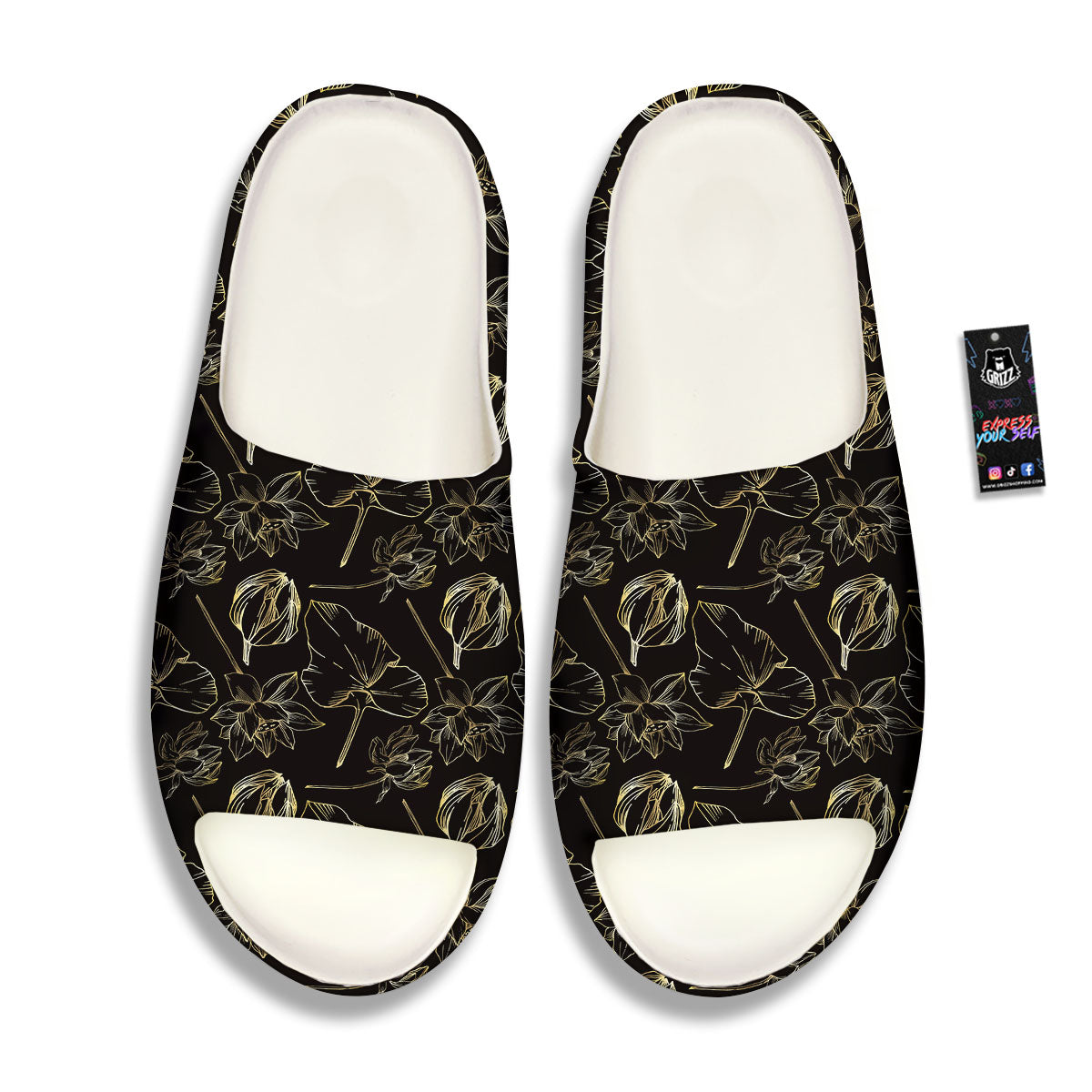 Lotus Flower Gold And Black Print Sandals-grizzshop