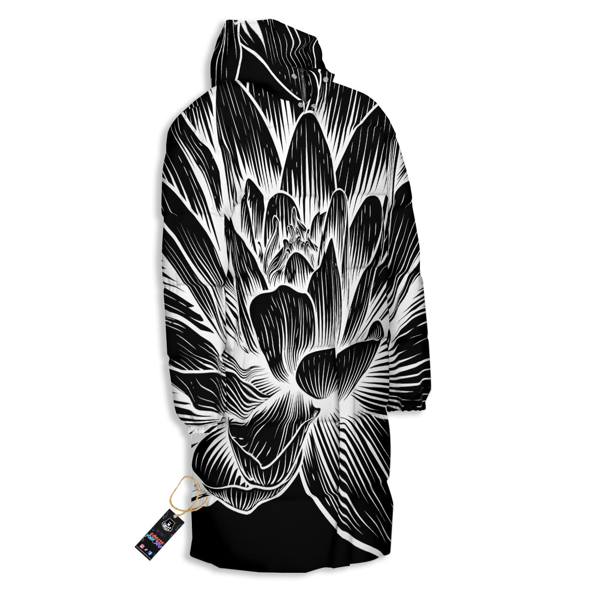 Lotus Flower White And Black Print Long Down Jacket