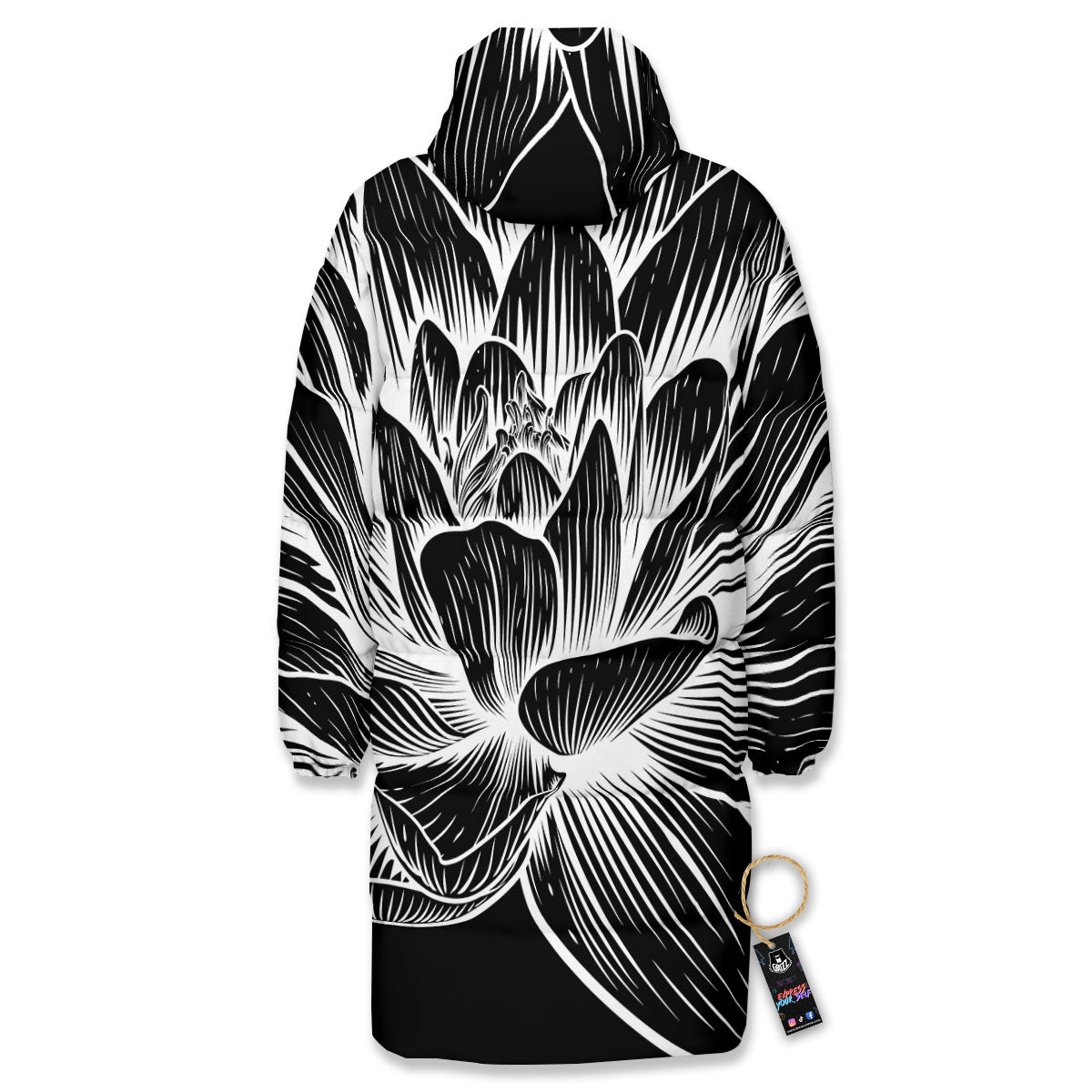 Lotus Flower White And Black Print Long Down Jacket