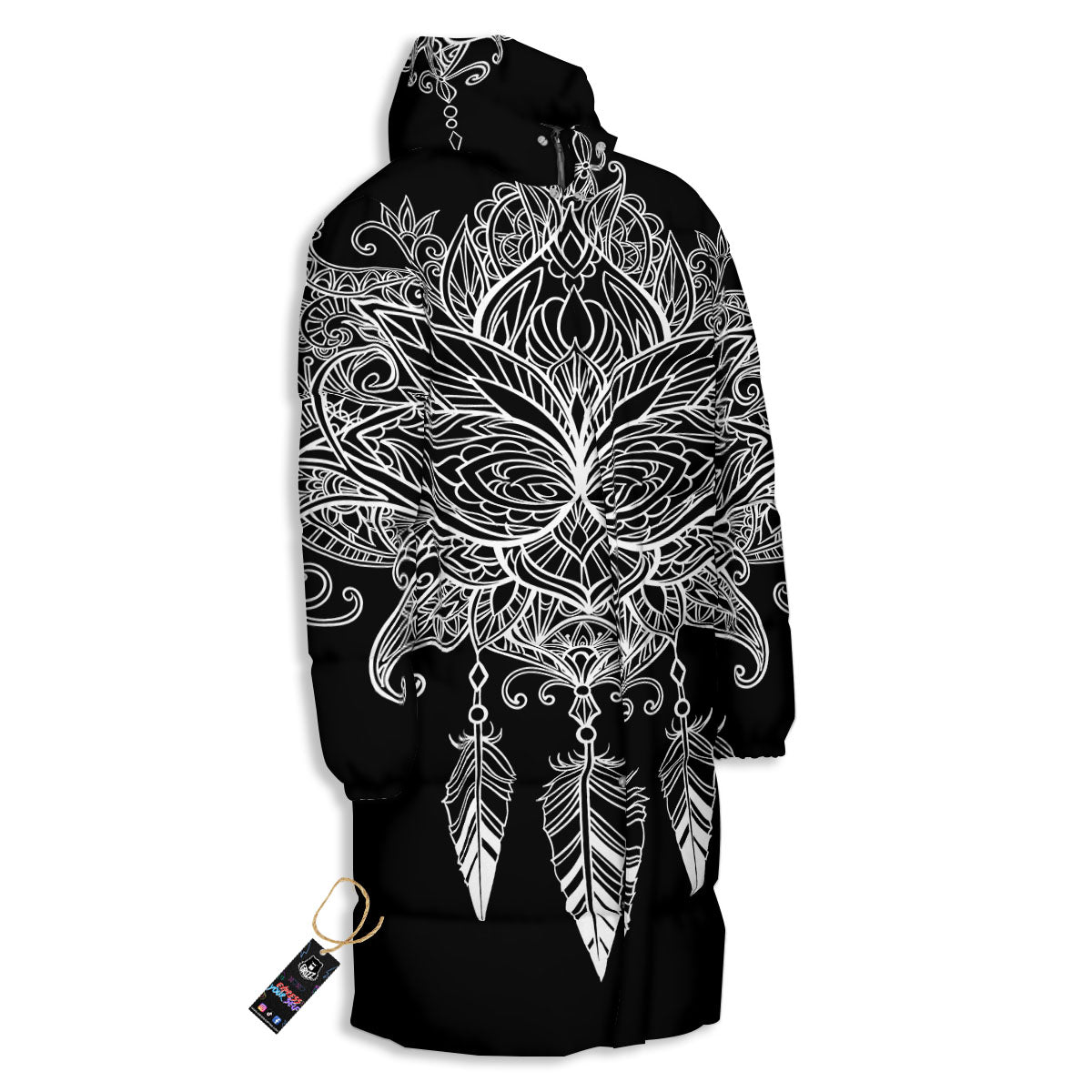Lotus Mandala White And Black Print Long Down Jacket