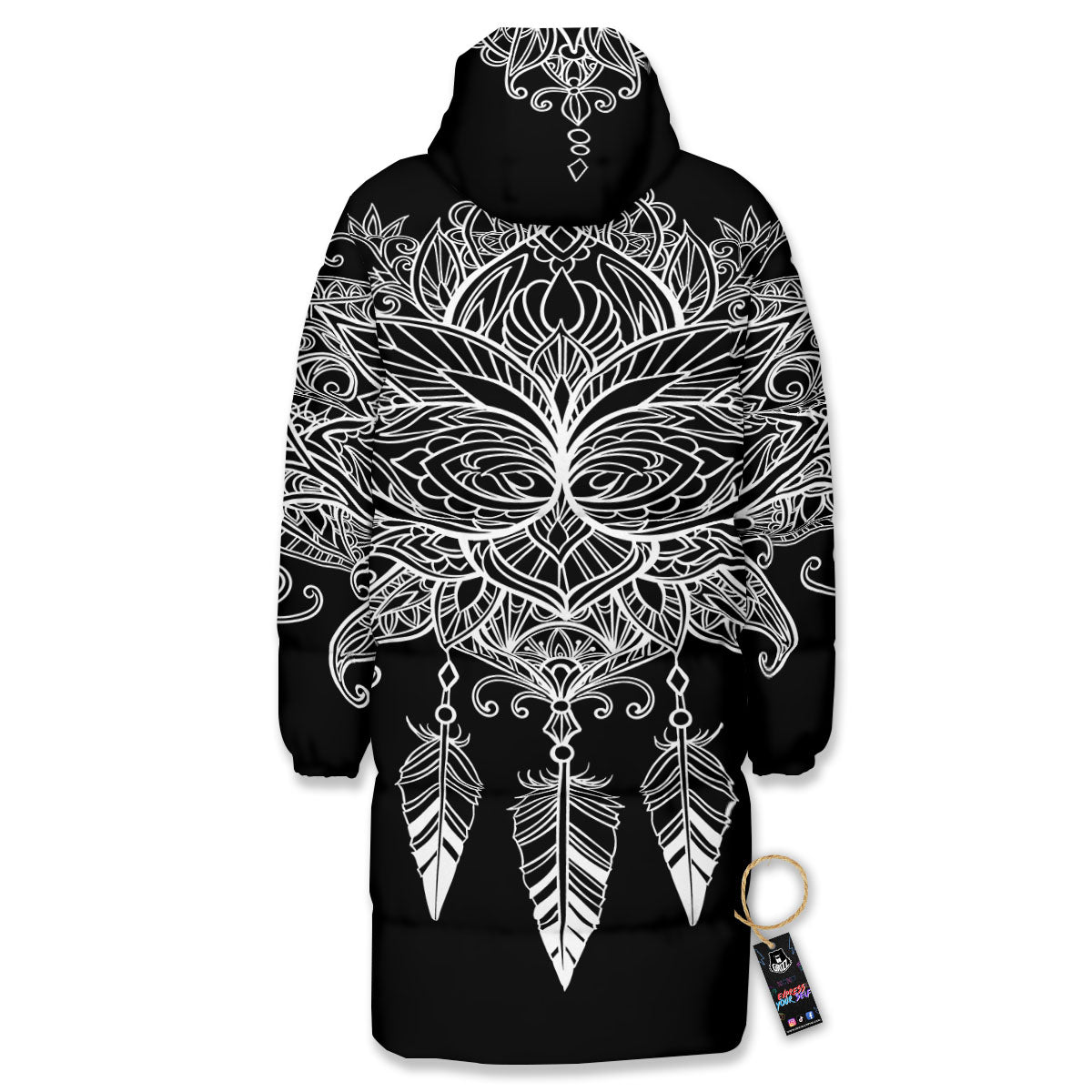 Lotus Mandala White And Black Print Long Down Jacket