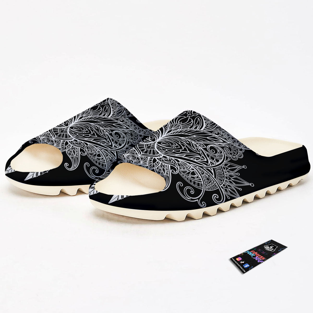 Lotus Mandala White And Black Print Sandals-grizzshop