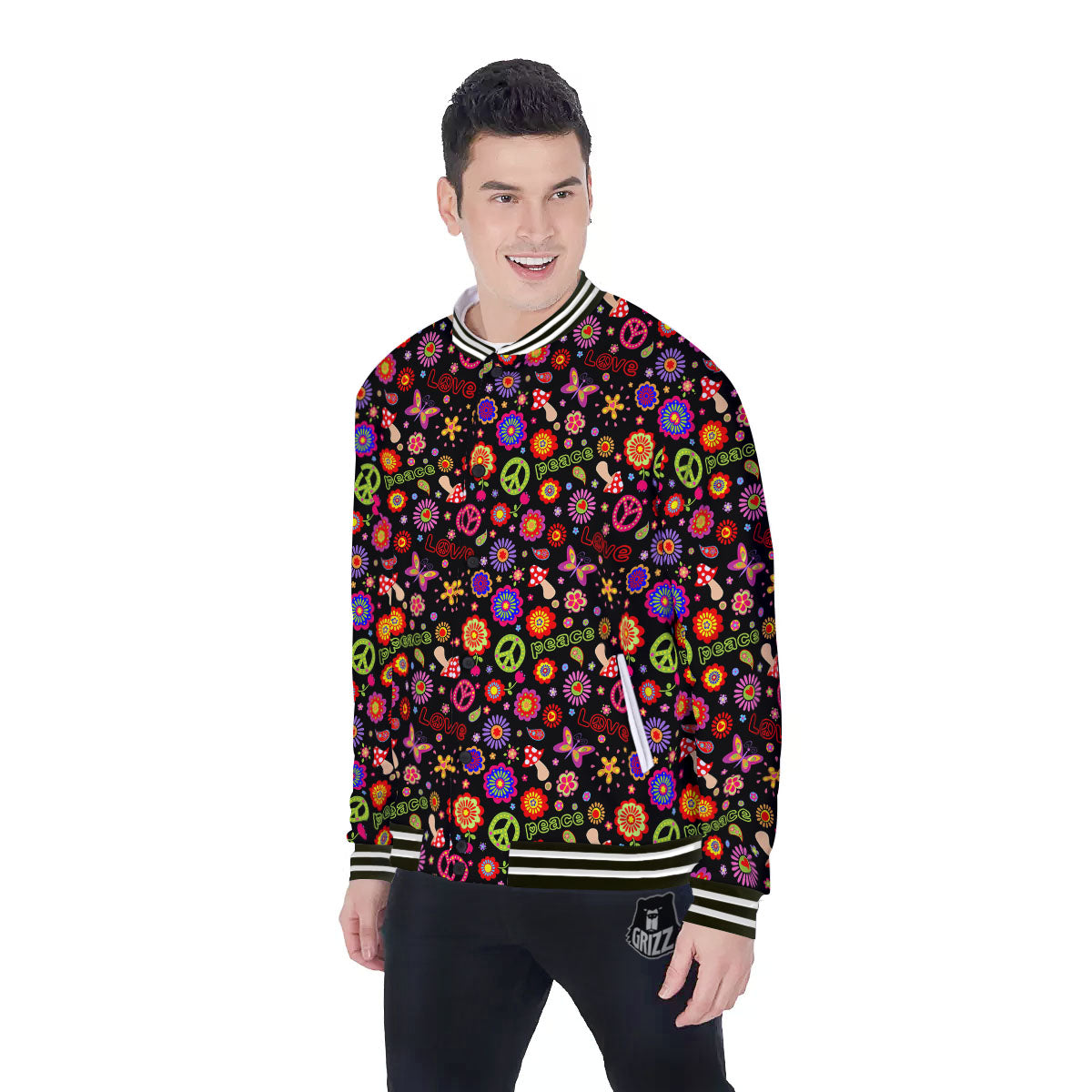 Love And Hippie Peace Sign Print Pattern Baseball Jacket-grizzshop
