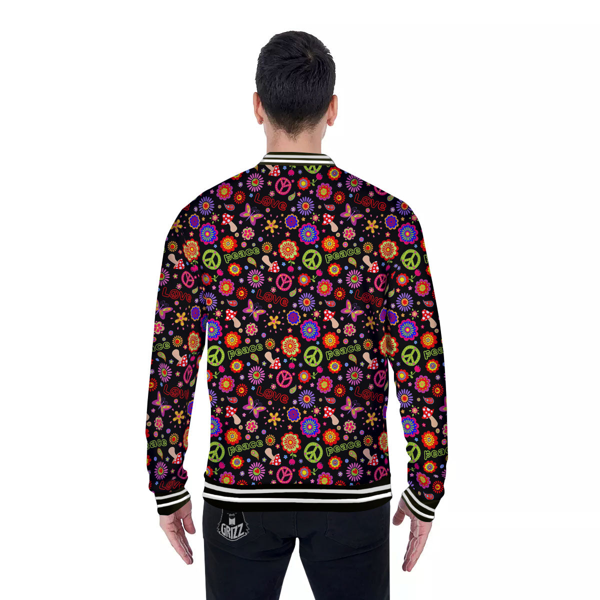 Love And Hippie Peace Sign Print Pattern Baseball Jacket-grizzshop