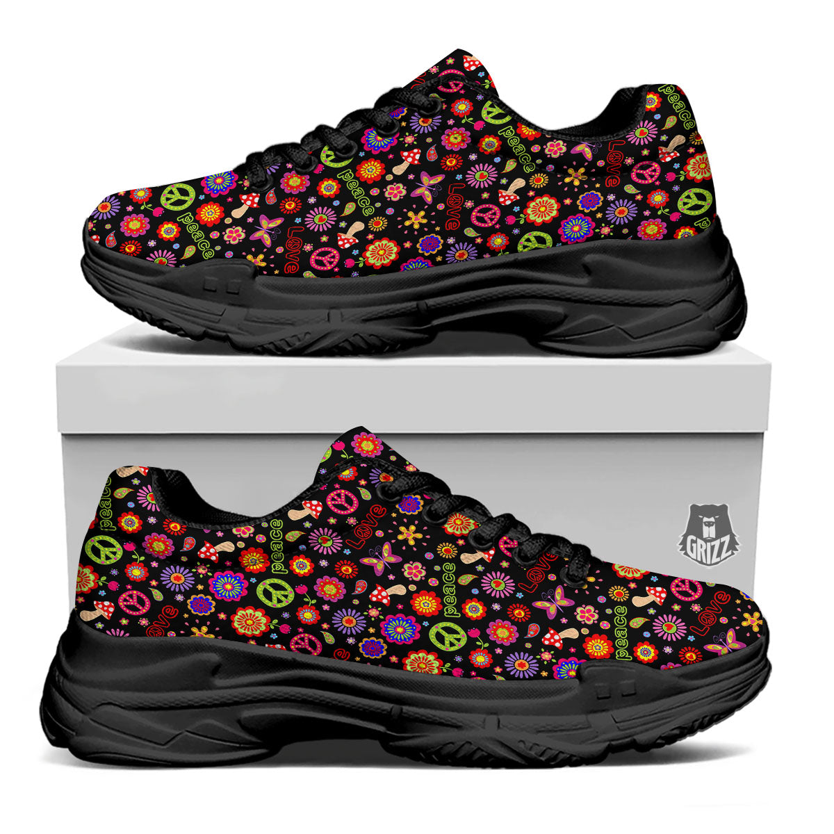 Love And Hippie Peace Sign Print Pattern Black Chunky Shoes-grizzshop