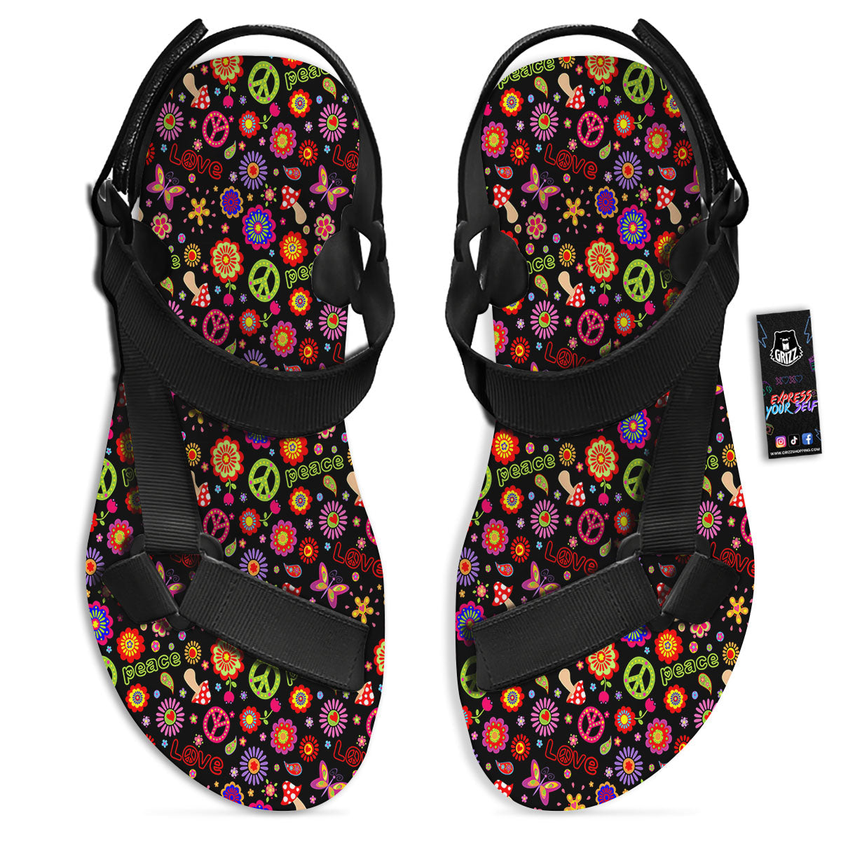 Love And Hippie Peace Sign Print Pattern Black Open Toe Sandals-grizzshop
