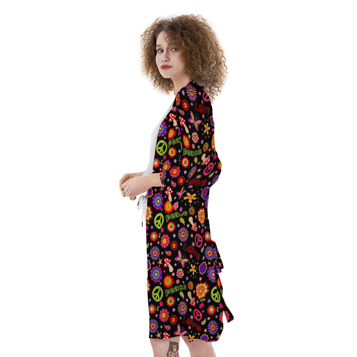 Love And Hippie Peace Sign Print Pattern Kimono-grizzshop