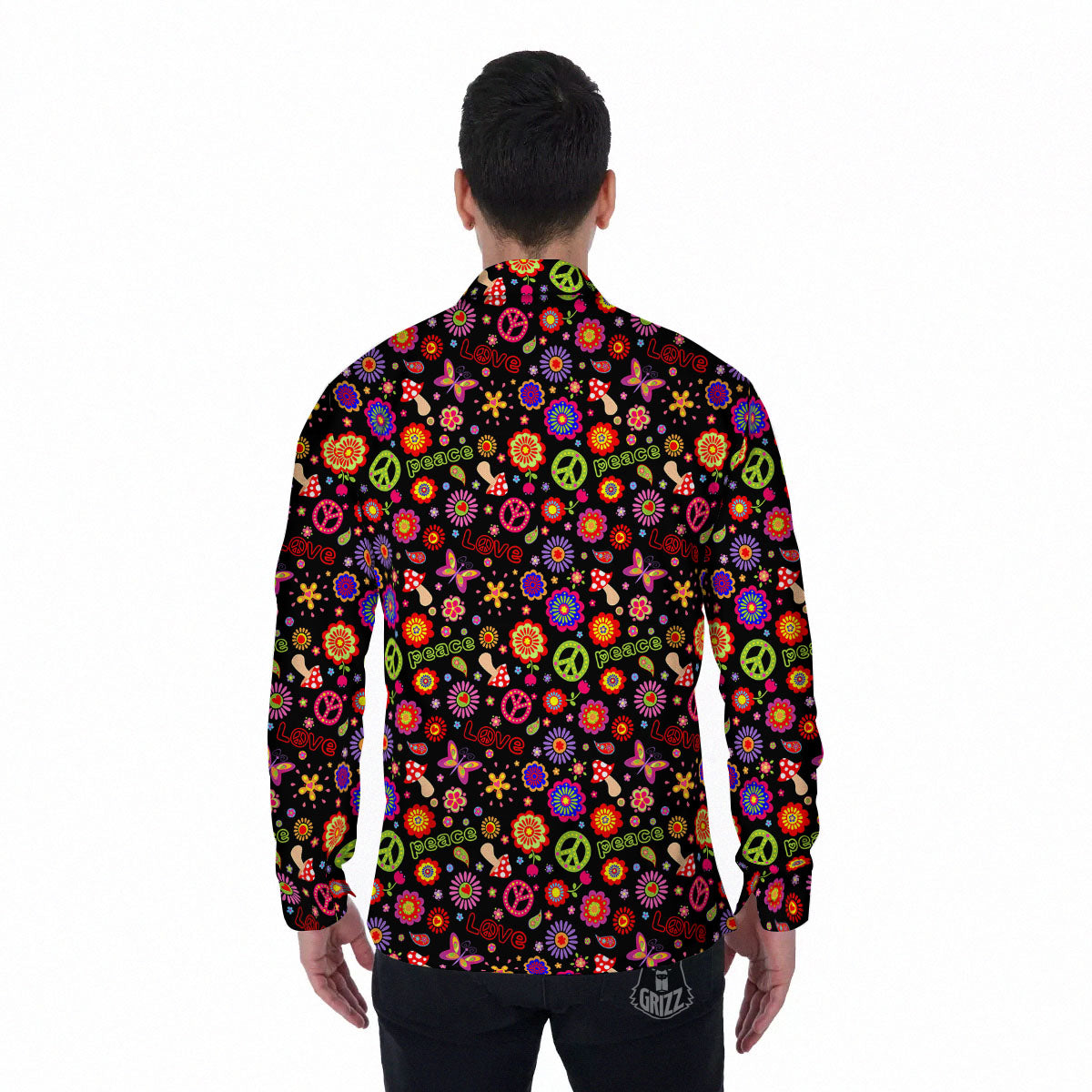 Love And Hippie Peace Sign Print Pattern Men's Long Sleeve Shirts-grizzshop