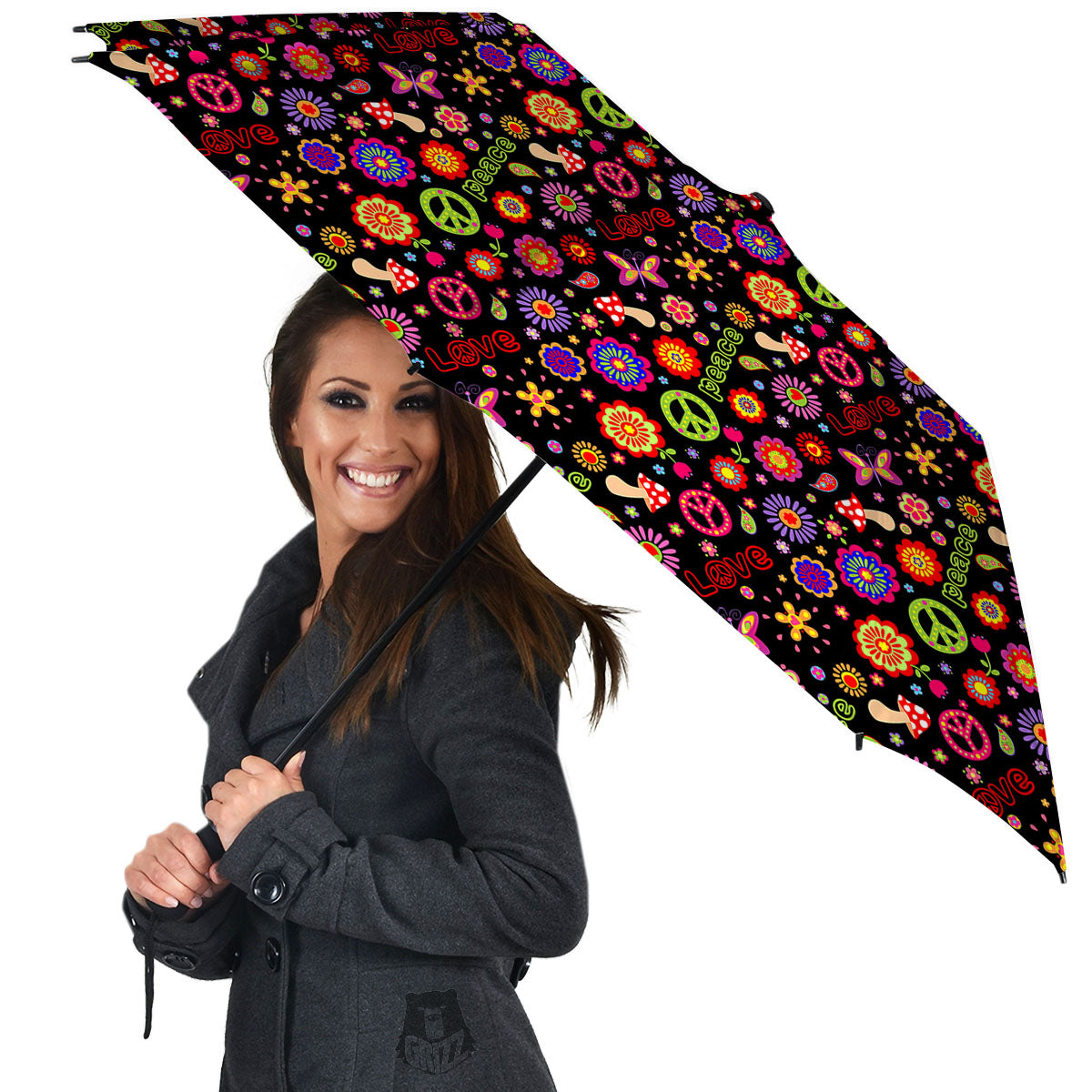 Love And Hippie Peace Sign Print Pattern Umbrella-grizzshop