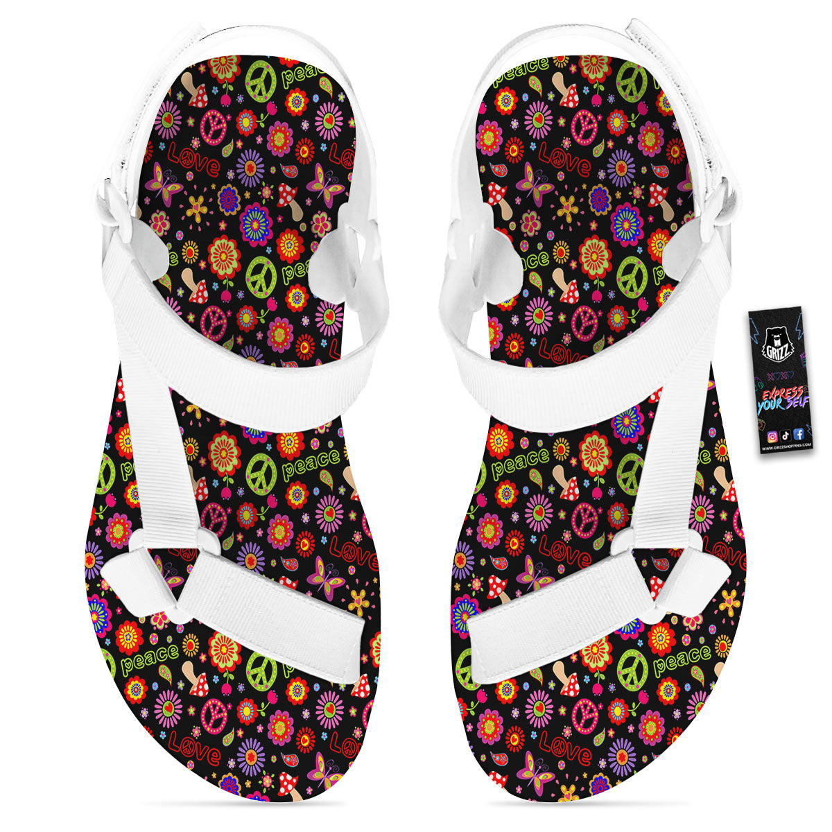 Love And Hippie Peace Sign Print Pattern White Open Toe Sandals-grizzshop